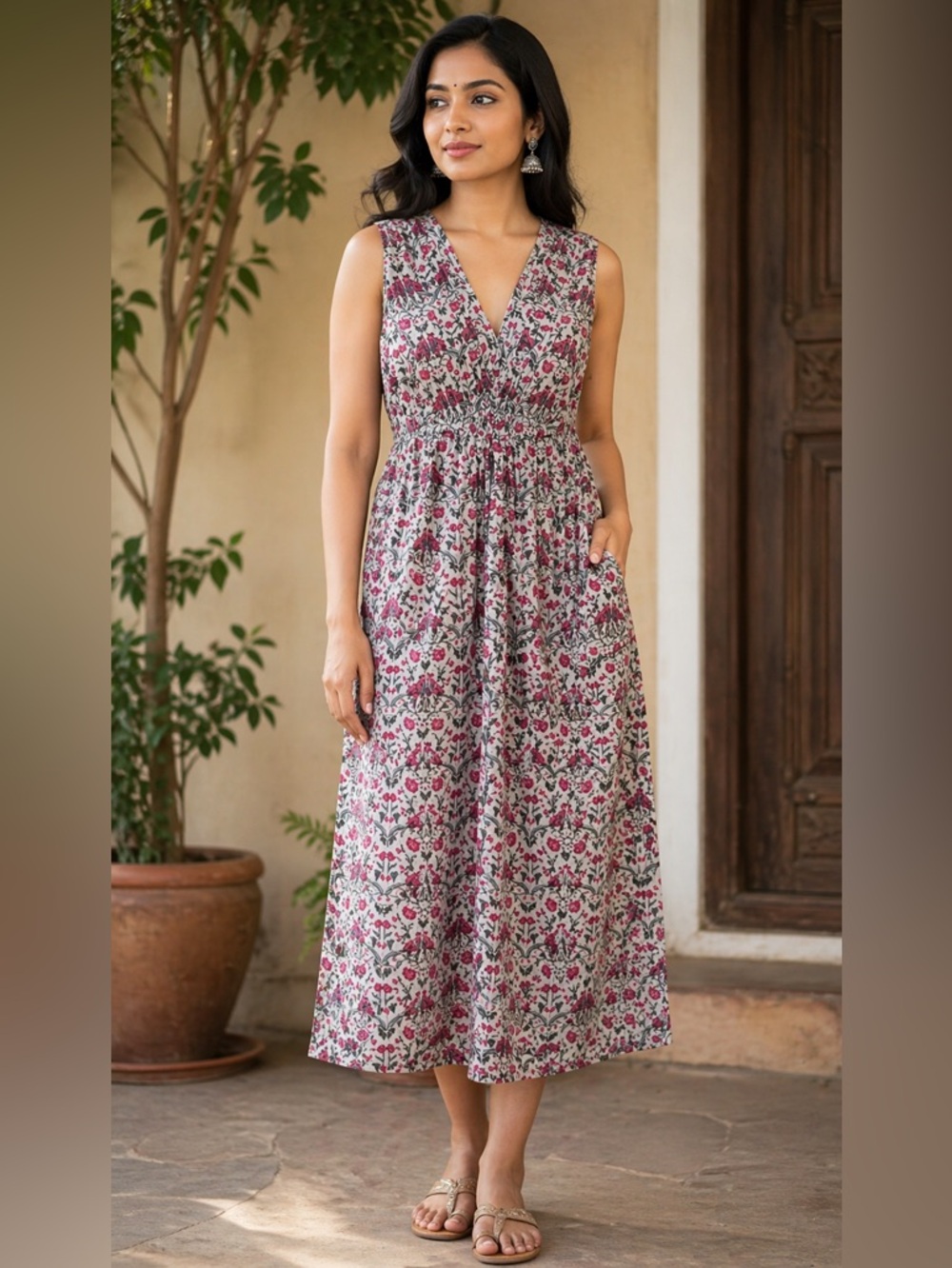 Ajio Indie Picks Sleeveless V‑Neck Floral Midi Dress in Pink & White Large